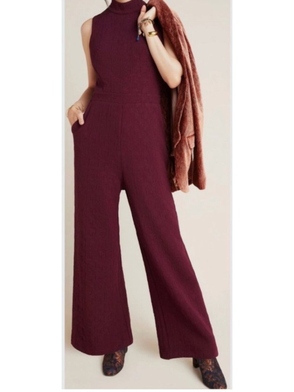 Anthropologie Eva Franco Burgundy Textured Mock Neck Wide Leg Jumpsuit M